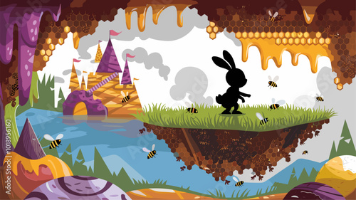 Curious rabbit silhouette exploring a fantastical landscape.
