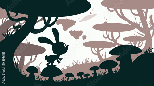 Curious rabbit silhouette exploring a fantastical landscape.