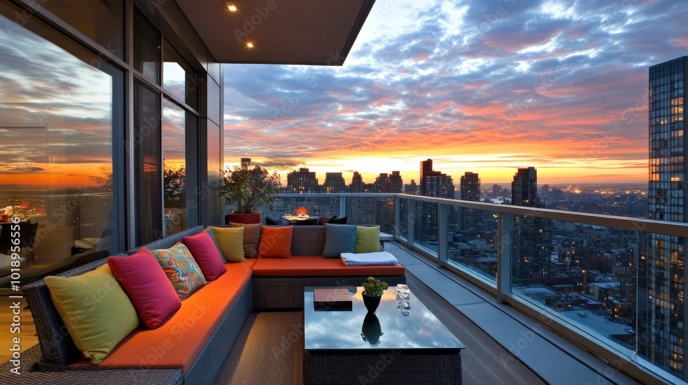 Obraz premium Sunset View from Balcony with Cozy Seating Area