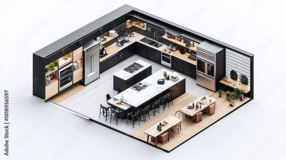Gourmet kitchen isometric 3D render showcasing professional-grade appliances, a large island, and custom cabinetry, floor plan isolated on white. Gourmet kitchen isometric 3D render showcasing professional-grade appliances, a large island, and custom cabinetry, floor plan isolated on white.