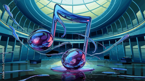 Fluid 3D music notes made of mercury, reflecting a distorted concert hall.