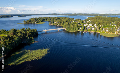 Aerial drone view of rono island with bridge. kallavesi lake Kuopio Eastern finland Europe photo