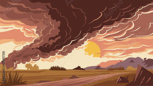 Dust storm sweeping across desert, obscuring the sun.