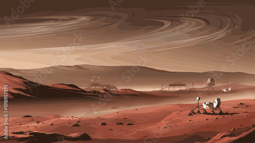 Dust storm raging across Martian surface, obscuring landscape.