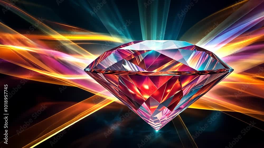A large, brilliant diamond sits in the center of a dark background, surrounded by streaks of colorful light A large, brilliant diamond sits in the center of a dark background, surrounded by streaks of colorful light