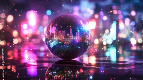 A reflective sphere showcases a vibrant cityscape with colorful lights, creating a futuristic and artistic atmosphere.