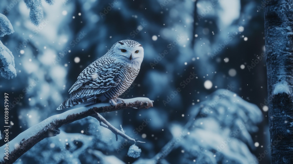 A snowy owl perched on a branch amidst falling snow, creating a serene winter atmosphere. A snowy owl perched on a branch amidst falling snow, creating a serene winter atmosphere.
