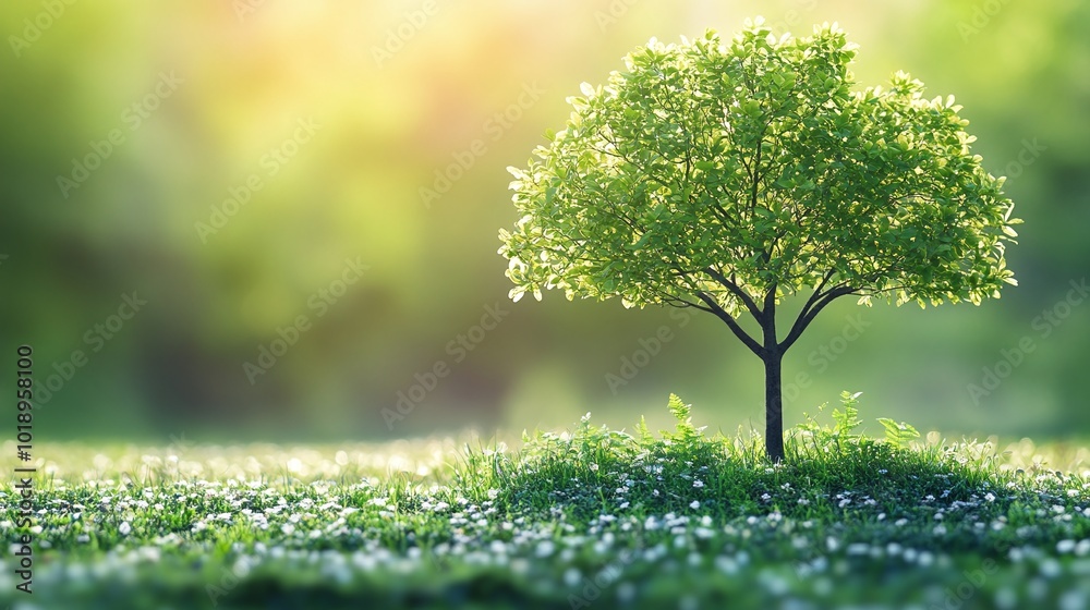 vibrant green tree in a sustainable landscape, symbolizing ecological practices for an environmentally friendly future, with copy space for promoting conservation efforts vibrant green tree in a sustainable landscape, symbolizing ecological practices for an environmentally friendly future, with copy space for promoting conservation efforts