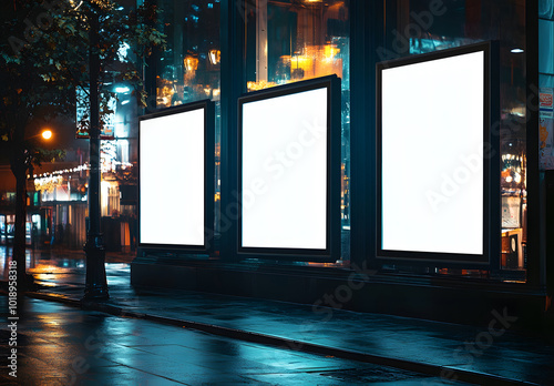 Blank white three billboards on an empty street at night design, mock-up design