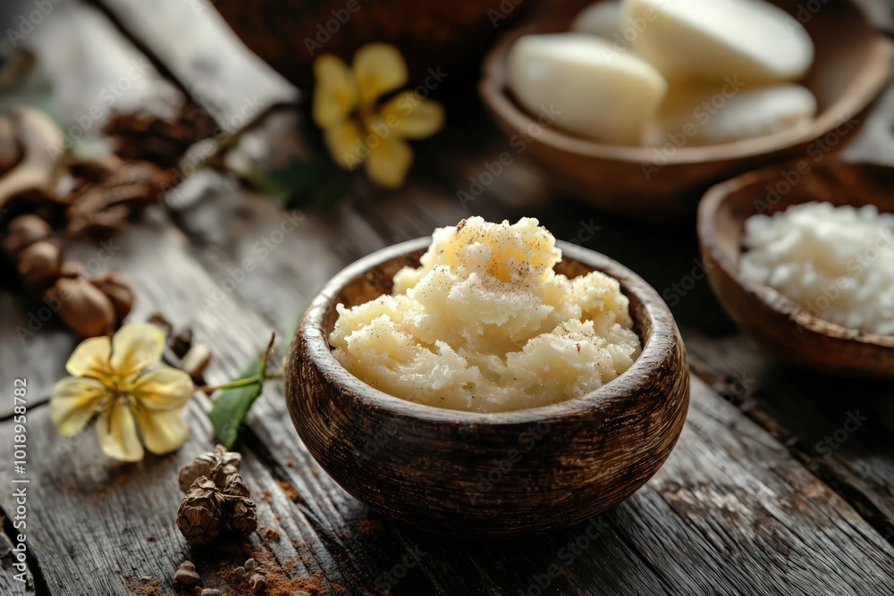 Handcrafted shea butter amid natural ingredients on an old wooden table. Handcrafted shea butter amid natural ingredients on an old wooden table.