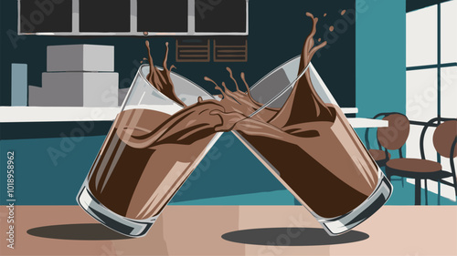 A playful scene of two glasses colliding, creating a cascading splash of chocolate milk.