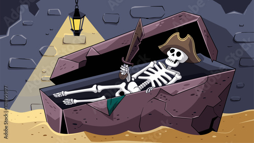 Pirate skeleton in crumbling sarcophagus, clutching rusty cutlass.
