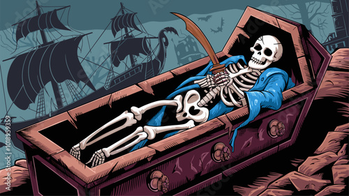 Pirate skeleton in crumbling sarcophagus, clutching rusty cutlass.