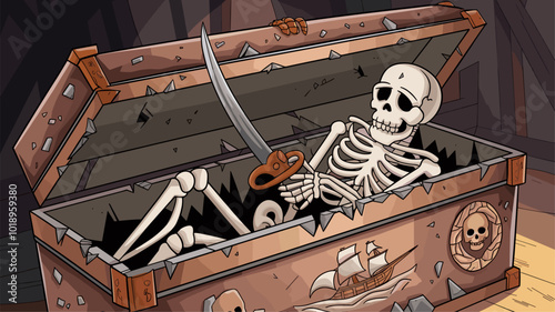 Pirate skeleton in crumbling sarcophagus, clutching rusty cutlass.