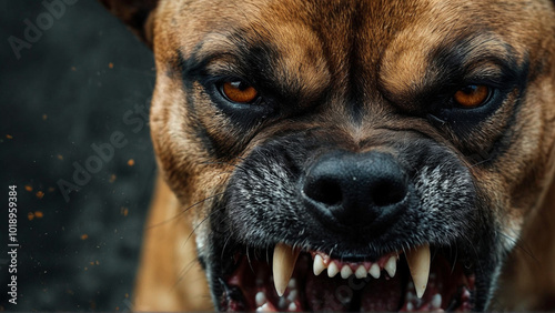 Angry dog charging and barking, he looks mean and upset, about to bite an intruder. Close-up portrait, realistic style
