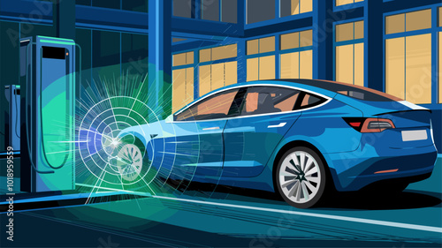 Glowing green energy field emanating from EV charging port.