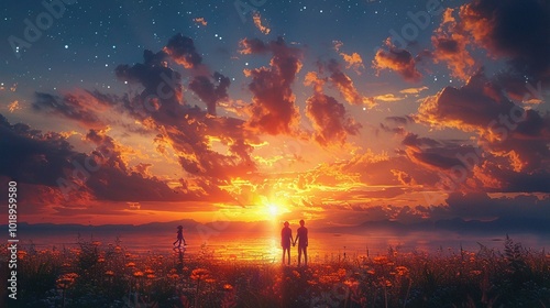 A family enjoying a sunset together.