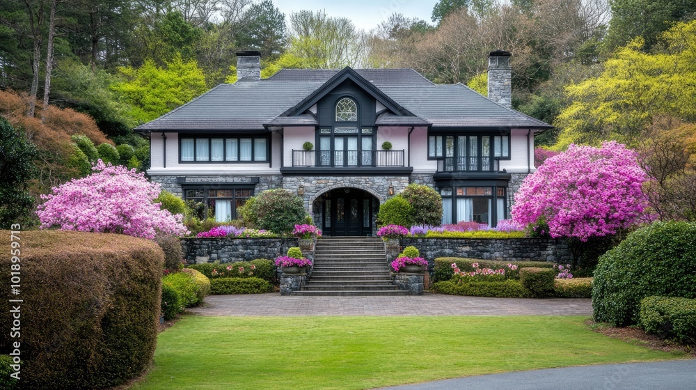 Naklejka premium A contemporary home features a stone terrace adorned with flower pots, large black-framed windows, and garden views under a clear blue sky, creating a serene outdoor space