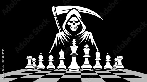 Chessboard with Grim Reaper replacing one of the kings. photo