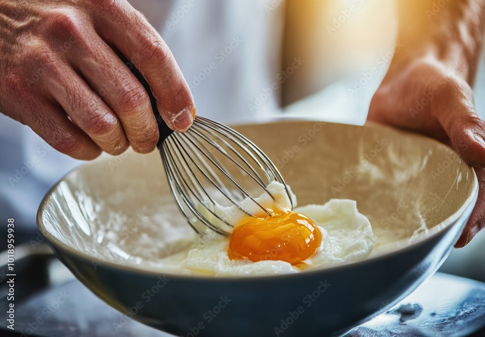Whisking A Fresh Egg Yolk In A Ceramic Bowl During Morning Prep Stock Whisking A Fresh Egg Yolk In A Ceramic Bowl During Morning Prep Stock