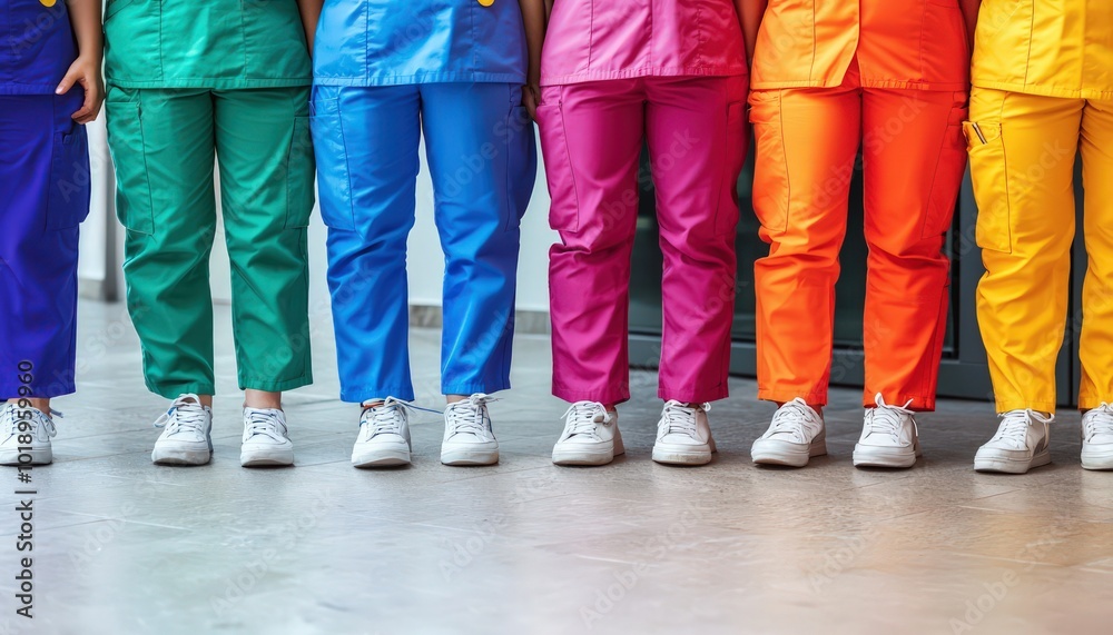 Healthcare workers in rainbow uniforms, symbolizing inclusivity in the medical field. Healthcare workers in rainbow uniforms, symbolizing inclusivity in the medical field.