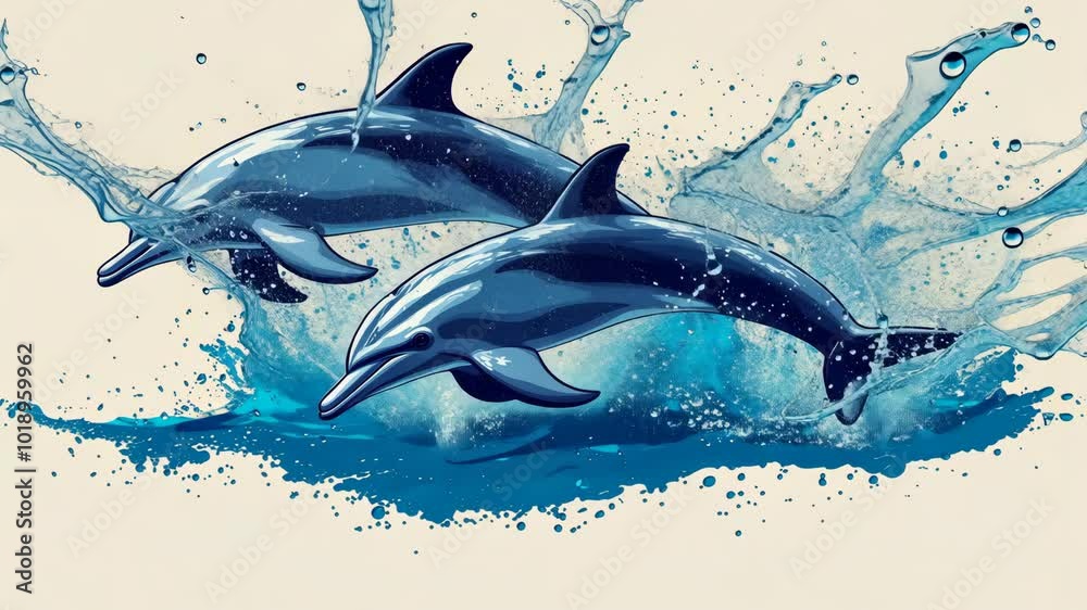 Two dolphins leap from the water, creating a splash of blue Two dolphins leap from the water, creating a splash of blue