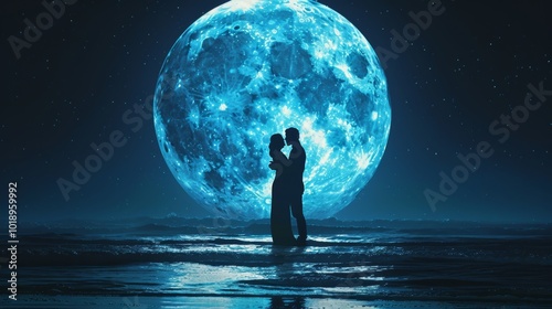 Romantic night by the sea  a silhouette couple under a full moon s enchanting glow photo