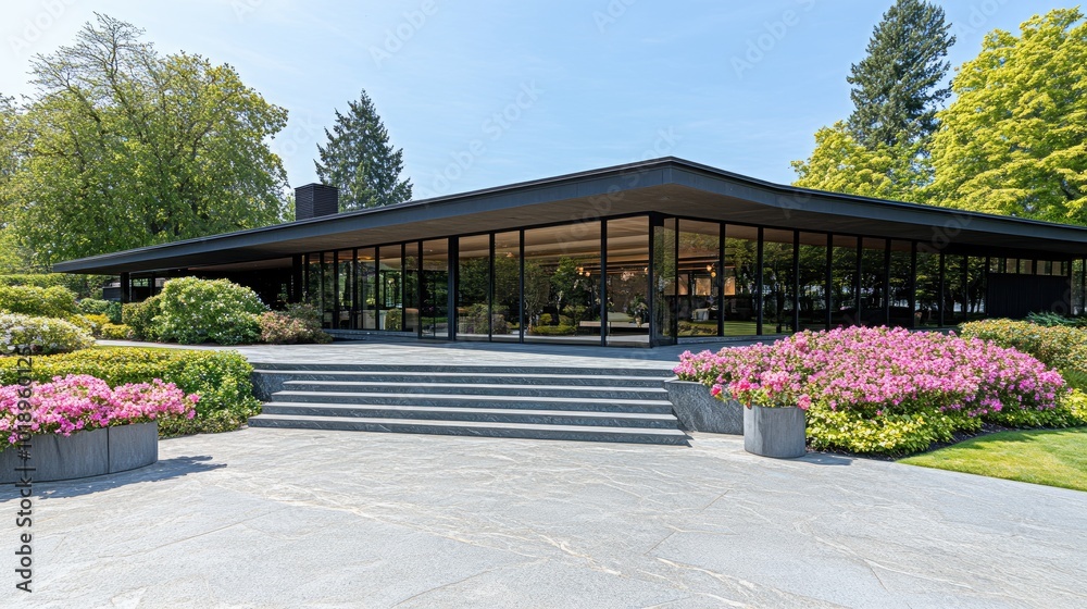 Fototapeta premium A contemporary home features a stone terrace adorned with flower pots, large black-framed windows, and garden views under a clear blue sky, creating a serene outdoor space