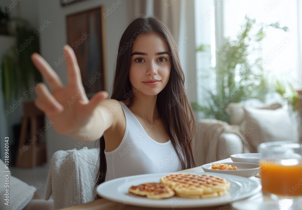 Young woman enjoying breakfast with waffles and juice in cozy setting Young woman enjoying breakfast with waffles and juice in cozy setting