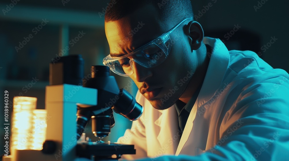 Scientist examining samples using a microscope in a laboratory Scientist examining samples using a microscope in a laboratory