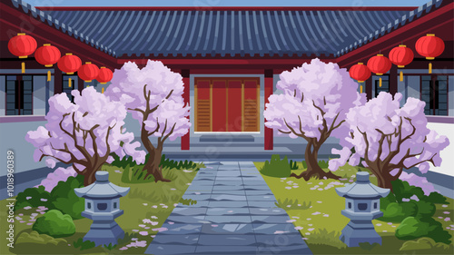 Traditional Chinese courtyard with red lanterns and blossoming plum trees.