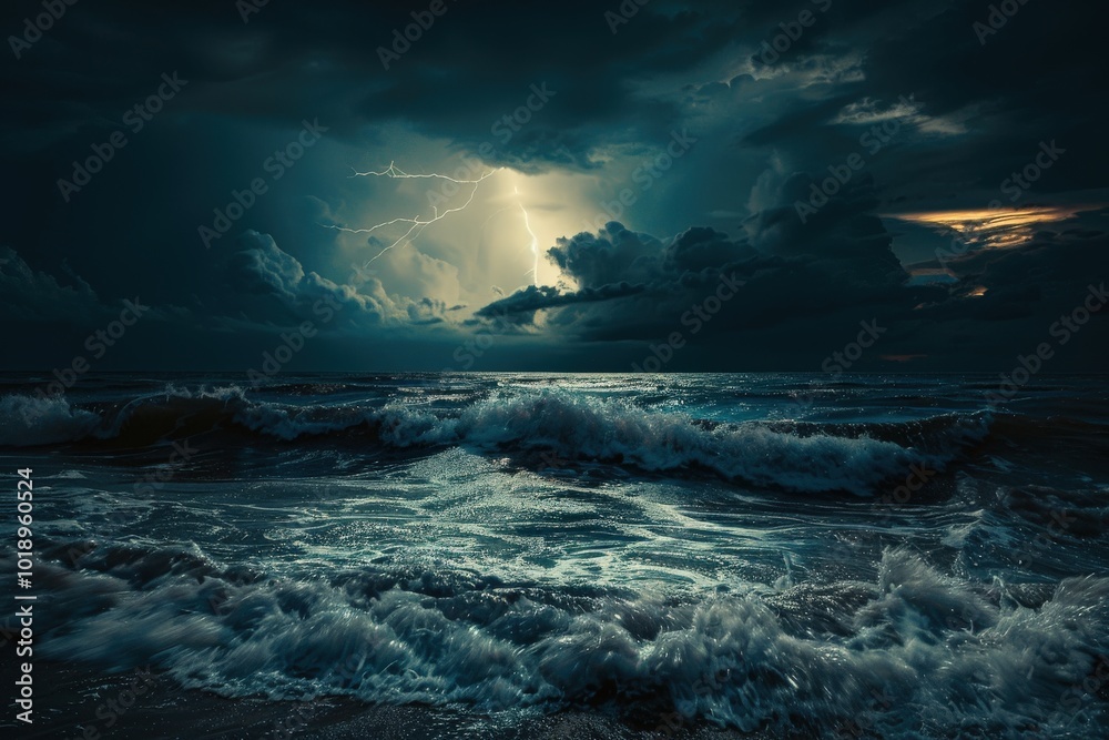 A stormy ocean with a large wave and a lightning bolt in the sky, generative ai image A stormy ocean with a large wave and a lightning bolt in the sky, generative ai image