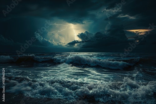 A stormy ocean with a large wave and a lightning bolt in the sky, generative ai image