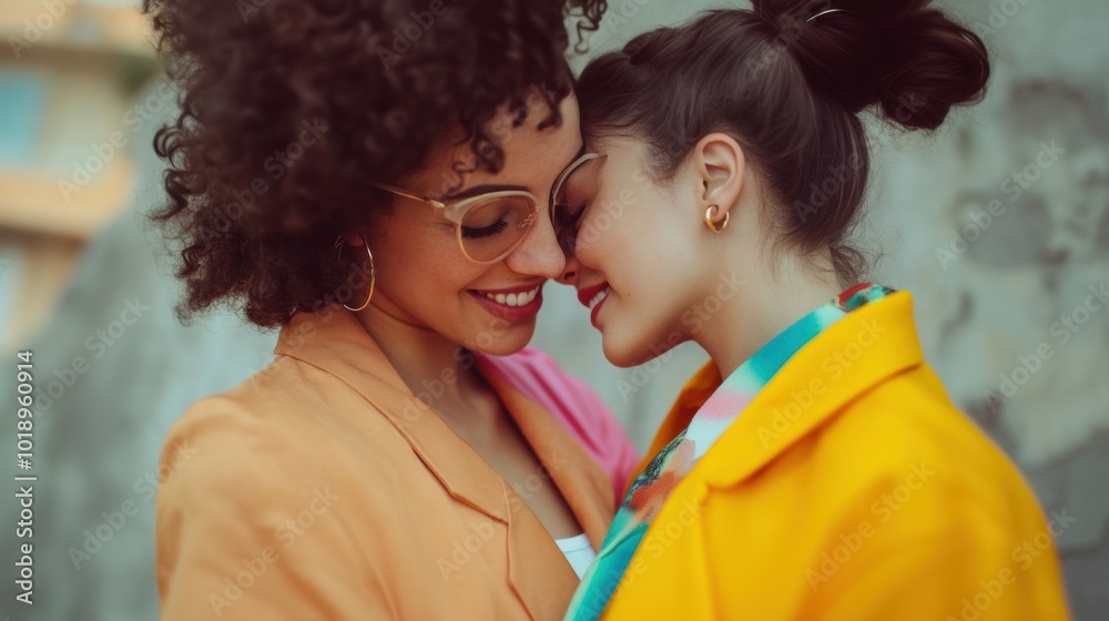 Two women embrace affectionately outdoors during a sunny day Two women embrace affectionately outdoors during a sunny day