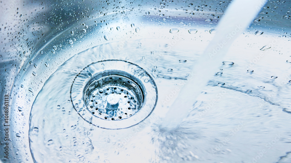 A stream of clean water drink flows into the stainless steel sink. Sink plug hole close up, macro. Environment, water pollution and water shortage concept