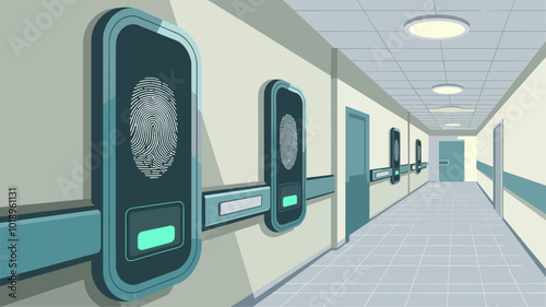 A brightly lit hospital corridor with fingerprint scanners integrated into the walls for seamless and secure access.