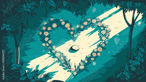 Heart-shaped clearing in forest illuminated by sunlight.