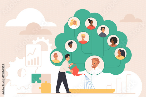 Corporate company team development, growth of professional staff skills and value. Tiny businessman and employer growing tree with employee portraits avatars, develop team cartoon vector illustration