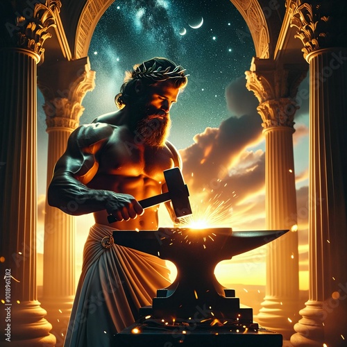 Hephaestus the god with his hammer and anvil. He was cast off Mount Olympus. God of of artisans, blacksmiths, craftsmen, fire, metallurgy, volcanoes. Classical Greek Roman mythology. Generative AI
