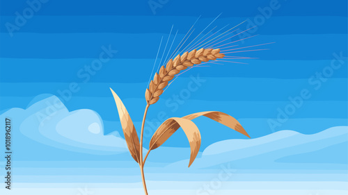 Single wheat ear with curved stalk against blue sky, minimalist composition.