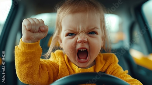 A baby driving in traffic and screaming with road rage showing an angry expression, while in traffic representing frustration and anger management photo