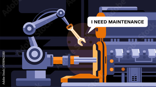 A minimalist representation of predictive maintenance, showcasing a robotic arm holding a glowing wrench.