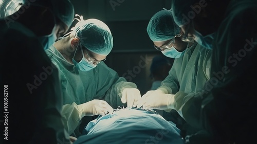 A team of surgeons performing a complex operation under intense lighting, focusing on a patient lying on the operating table.