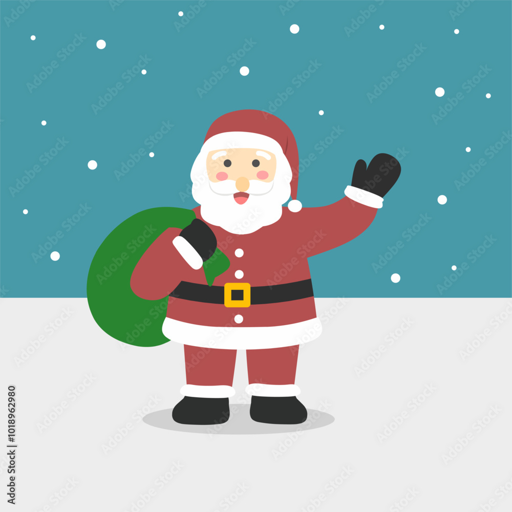 Santa Claus holding a gift bag with winter background, illustration of Santa claus with gift bag, santa claus cartoon holding green gift bag at snowy background Santa Claus holding a gift bag with winter background, illustration of Santa claus with gift bag, santa claus cartoon holding green gift bag at snowy background
