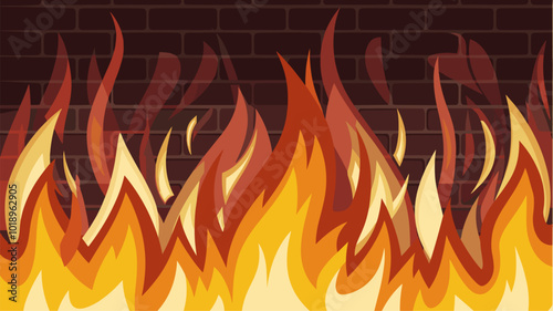 Close-up of swirling fire flames with intense glow on brick wall.