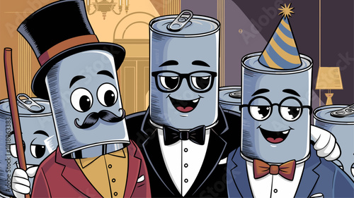 Anthropomorphic aluminum cans playfully interacting at a party.