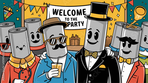 Anthropomorphic aluminum cans playfully interacting at a party.