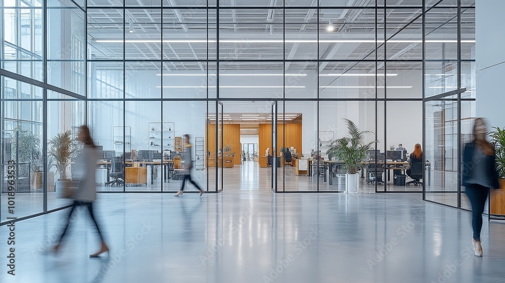 Business professionals walk in a modern office space with glass walls and open workstations, reflecting corporate collaboration, teamwork, and a productive environment Business professionals walk in a modern office space with glass walls and open workstations, reflecting corporate collaboration, teamwork, and a productive environment