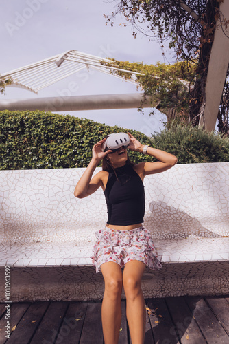 A Trendy Woman Posing Outdoors in a Stylish Outfit with Vibrant Accessories and Joyful Expressions