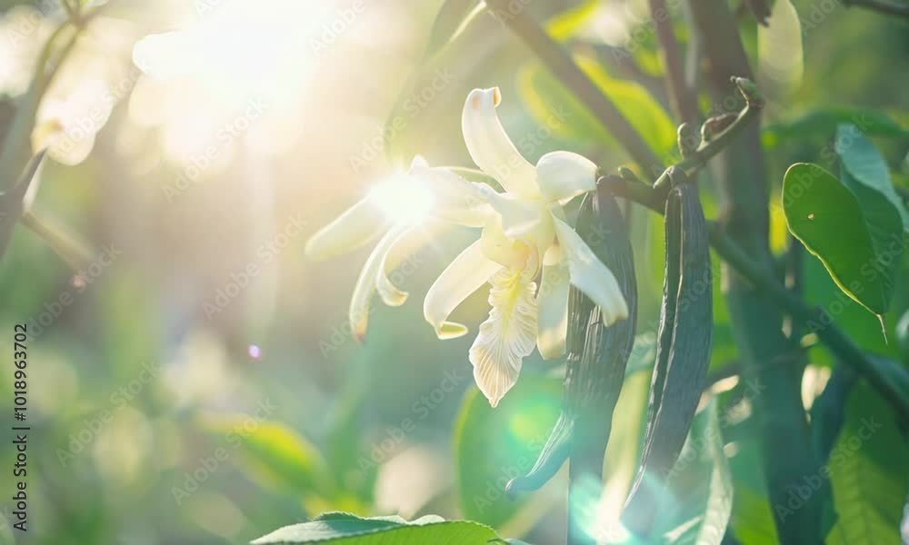 vanilla beans and flowers on vanilla plant on tree	zoom out lensflare
